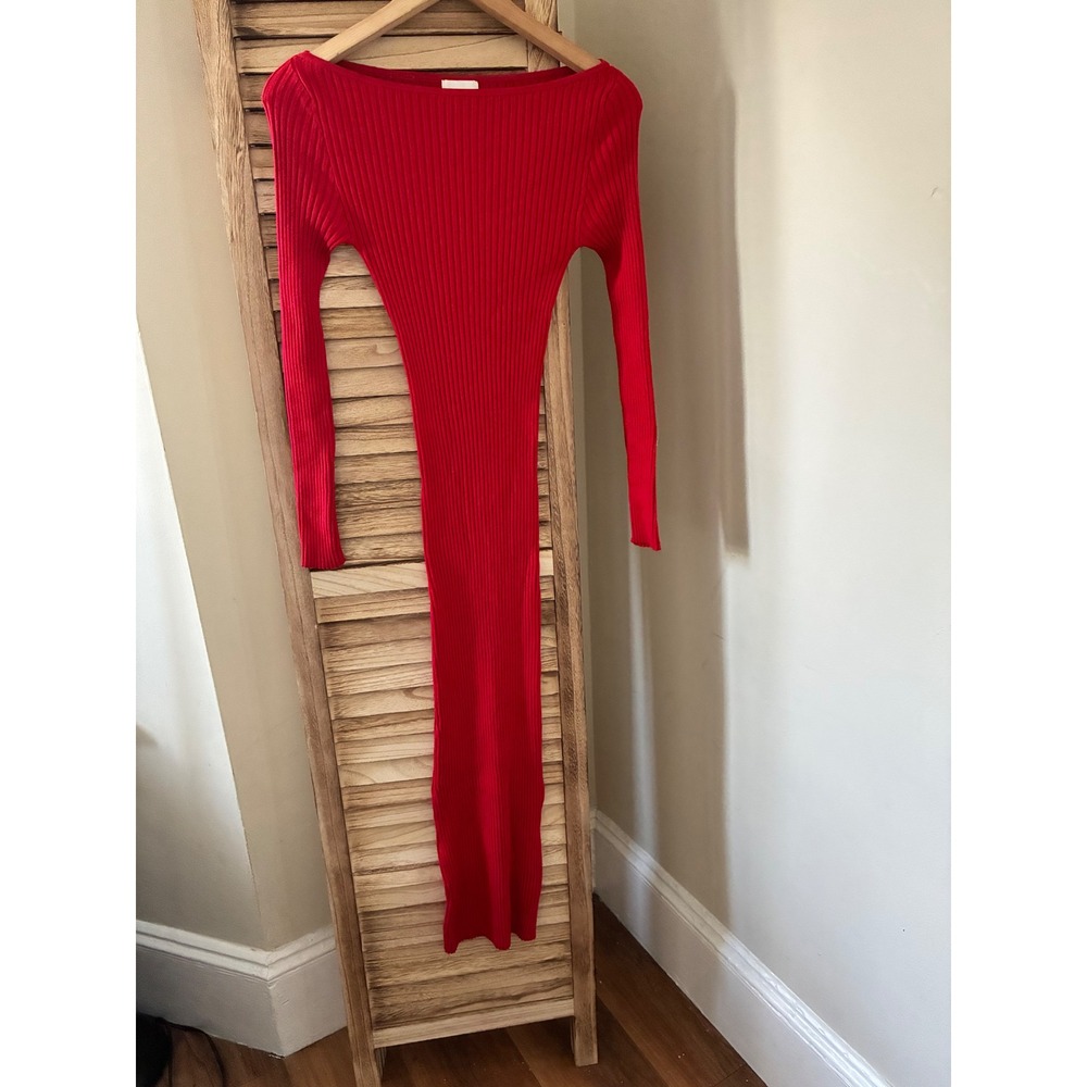 H&M Red Holiday Ribbed Knit Boat Neck Midi Dress Long Sleeve XXS Bodycon